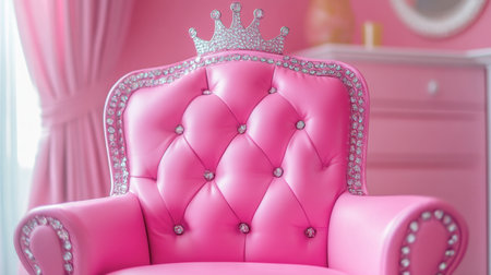 A bright pink princess chair with sparkling rhinestone details and a crown-shaped headrest, perfect for a royal playroom.の素材