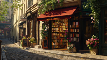 A classic Parisian street scene, with a vintage bookstore and flower shop on a cobbled street in the Marais district.の素材