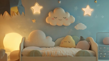 A cartoon-style bed with clouds, stars, and pastel bedding, placed in a soft, dreamy nursery with cute wall art.の素材