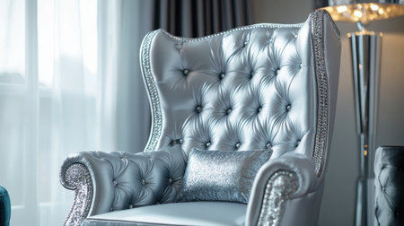 A chic princess chair with silver upholstery, high back, and jewel-like buttons, giving a modern royal touch to the room.の素材