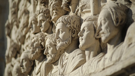 A close-up view of the intricate stone carvings of the Notre-Dame Cathedral's facade.の素材