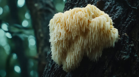 A close-up shot of a single lion mane mushroom with its cascading, fluffy tendrils growing on a tree trunk.の素材