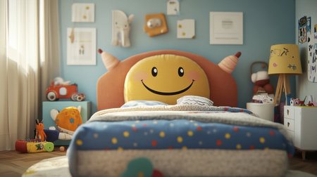A cute cartoon bed with a smiling face on the headboard, surrounded by soft toys and playful decor in a kids room.の素材