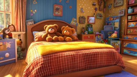 A cozy cartoon bed with teddy bear pillows and a soft, fuzzy blanket, in a playful, toy-filled bedroom.の素材