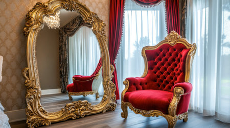 A lavish red and gold princess chair placed in front of a large mirror, creating a whimsical dressing area for imaginative play.の素材