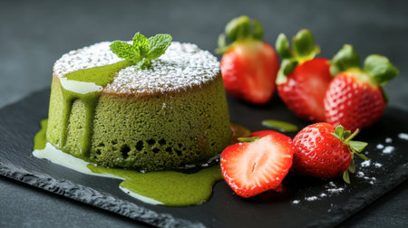 A matcha lava cake oozing molten green tea filling, served on a black slate plate with fresh strawberries.の素材