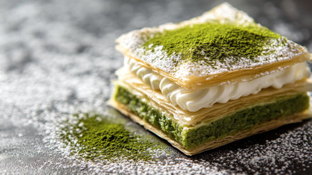 A matcha-flavored mille-feuille, with delicate pastry layers and matcha cream filling, garnished with matcha dust.の素材