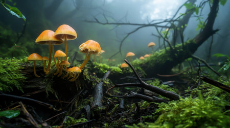 A mystical forest floor scene, with mushrooms growing among fallen branches, moss, and twigs under a misty canopy.の素材