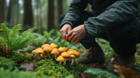 A forager kneeling in a forest, carefully examining a cluster of chanterelle mushrooms hidden among ferns and moss.の素材