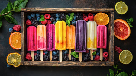 A refreshing display of ice cream popsicles made with real fruits like berries and citrus, arranged on a rustic wooden tray.の素材