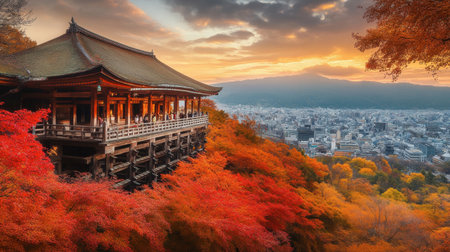 A peaceful view of the Kiyomizu-dera Temple in Kyoto, perched on a hill overlooking the city and surrounded by autumn leaves.の素材