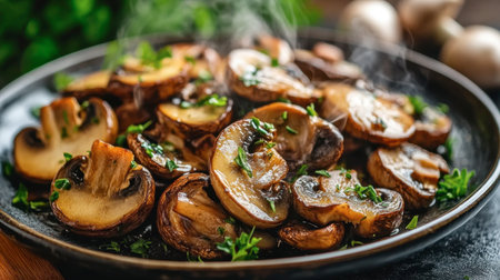 A plate of freshly cooked shiitake mushrooms sauted with garlic and herbs, steaming hot and ready to eat.の素材