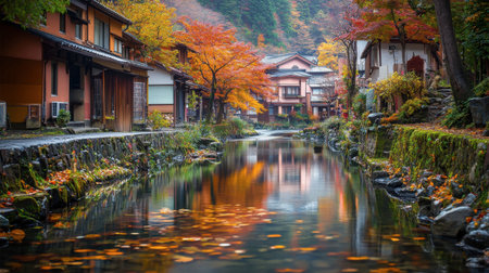 A peaceful autumn scene in the Kurokawa Onsen town, with the colorful leaves reflected in the tranquil river.の素材