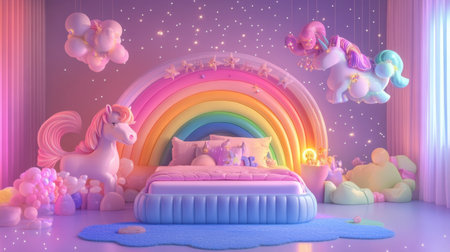 A playful cartoon bed with a rainbow headboard, set in a magical fantasy room with floating unicorns and sparkles.の素材