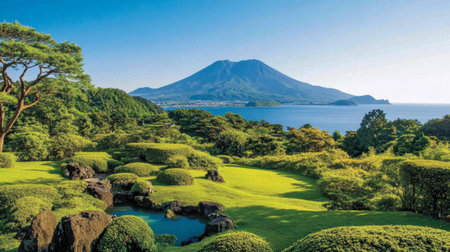 A peaceful view of the Sengan-en Garden in Kagoshima, with views of the active volcano Sakurajima in the background.の素材