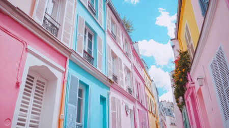 A picturesque view of the Rue Crmieux, Paris most colorful street, lined with pastel-painted houses.の素材
