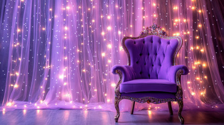 A regal purple princess chair with jewel accents, set against a backdrop of sparkling curtains and fairy lights.の素材