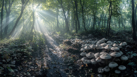 A panoramic shot of a forest path lined with mushrooms growing in the shade, with sunbeams streaming through the trees.の素材
