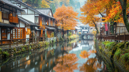A peaceful autumn scene in the Kurokawa Onsen town, with the colorful leaves reflected in the tranquil river.の素材