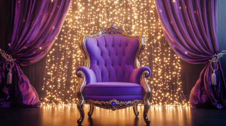 A regal purple princess chair with jewel accents, set against a backdrop of sparkling curtains and fairy lights.の素材
