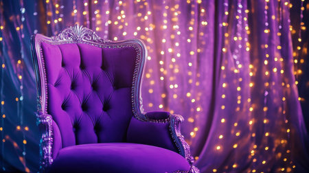 A regal purple princess chair with jewel accents, set against a backdrop of sparkling curtains and fairy lights.の素材
