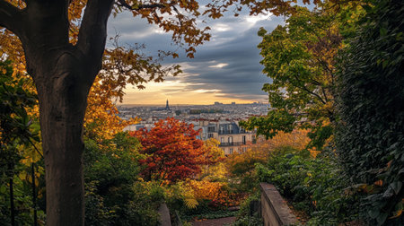 A serene autumn view of the Parc de Belleville, with colorful leaves and a view over the rooftops of Paris.の素材