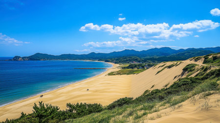 A scenic view of the Tottori Sand Dunes, stretching out to the horizon, with camel rides offered along the dunes.の素材
