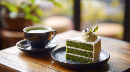 A rustic matcha cake served with a side of whipped cream and a hot cup of matcha tea.の素材