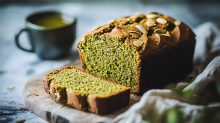 A rustic matcha pound cake loaf, sliced and ready to serve with a side of matcha tea.の素材