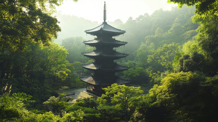 A scenic view of the five-story pagoda at Ruriko-ji Temple in Yamaguchi, surrounded by lush greenery.の素材