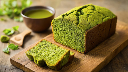 A rustic matcha pound cake loaf, sliced and ready to serve with a side of matcha tea.の素材