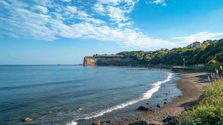 A serene shot of the Enoshima Island coastline, with a peaceful beach and the Enoshima Sea Candle lighthouse in the distance.の素材