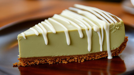 A slice of matcha cheesecake with a crunchy graham cracker crust, topped with a drizzle of white chocolate.の素材