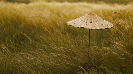 A tall, thin stalk of a parasol mushroom standing alone in a meadow, with long grass swaying in the breeze around it.の素材