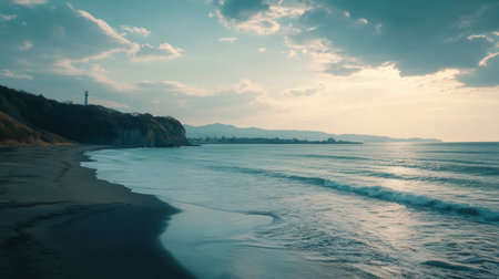 A serene shot of the Enoshima Island coastline, with a peaceful beach and the Enoshima Sea Candle lighthouse in the distance.の素材