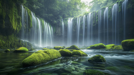 A serene shot of the Shiraito Falls near Mount Fuji, with crystal-clear water cascading over moss-covered rocks.の素材