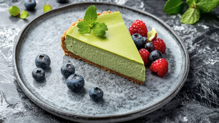 A single slice of matcha cheesecake served on a marble plate, with fresh berries and mint on the side.の素材