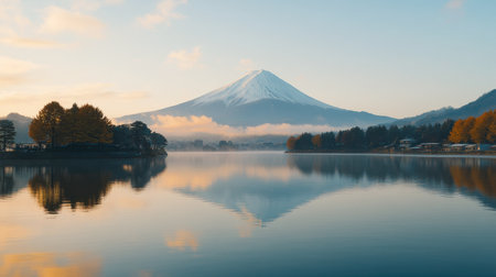 A serene view of the iconic Mount Fuji, with its snow-capped peak reflecting on Lake Kawaguchi at sunrise.の素材