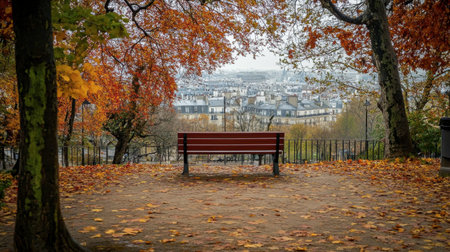 A serene autumn view of the Parc de Belleville, with colorful leaves and a view over the rooftops of Paris.の素材