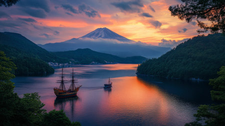 A spectacular sunset view of Lake Ashi in Hakone, with Mount Fuji in the background and a pirate ship sailing on the lake.の素材
