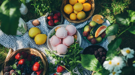 A summer picnic setting with bowls of fruit ice cream served alongside freshly picked fruits and herbs.の素材