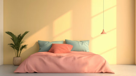 A simple cartoon bed with pastel-colored sheets and pillows, placed in a minimalist room with a fun, quirky style.の素材