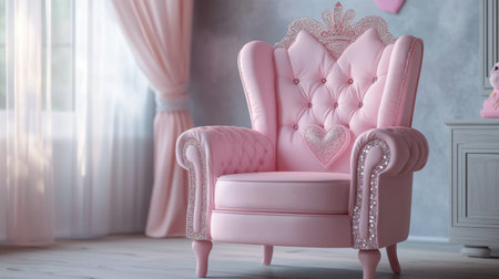 A tall, throne-like princess chair in baby pink with glittering gems and a heart-shaped crown detail on the backrest.の素材