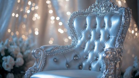 A shimmering silver princess chair with delicate pearl accents and a high backrest, creating a magical fairytale atmosphere.の素材