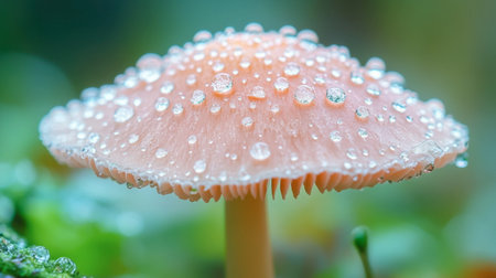A striking shot of the delicate, umbrella-like cap of a mushroom, covered in tiny water droplets after a fresh rain.の素材