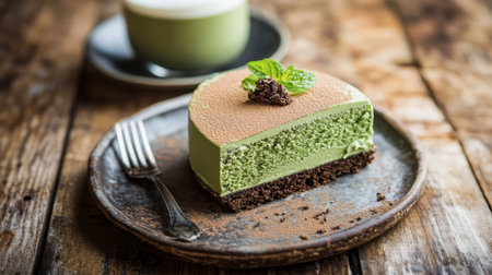 An elegant matcha mousse cake served on a rustic wooden table with a matcha latte in the background.の素材