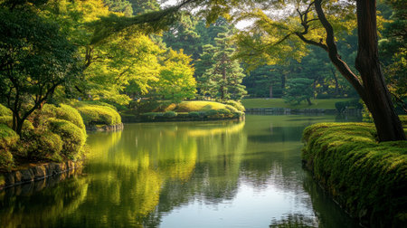 A tranquil view of the gardens surrounding the Imperial Palace in Tokyo, with the palace walls and a moat in the background.の素材