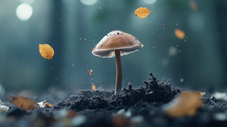 A time-lapse style scene of a mushroom emerging from the soil, pushing aside leaves and dirt as it grows.の素材