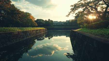 A tranquil view of the gardens surrounding the Imperial Palace in Tokyo, with the palace walls and a moat in the background.の素材