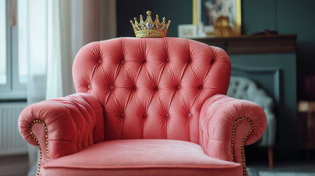 A velvet princess chair in coral pink with diamond-tufted details and a golden crown emblem on the headrest.の素材